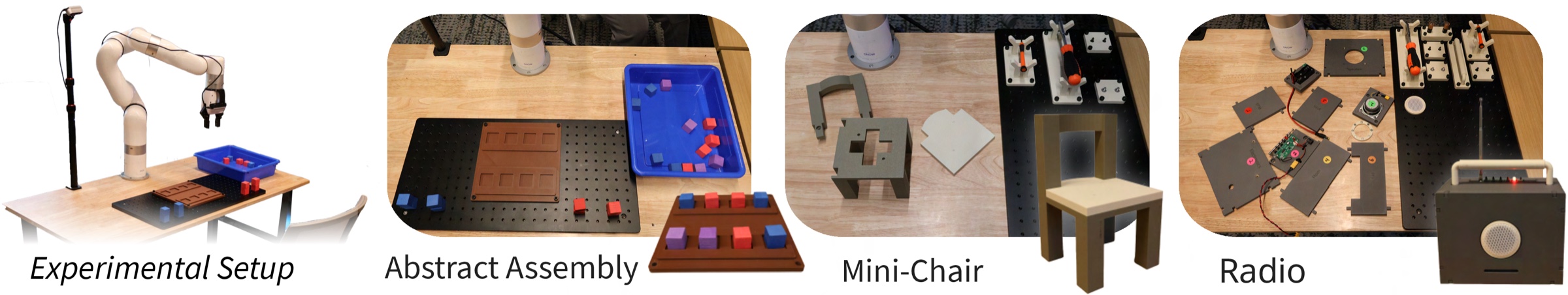 The tabletop setup with an xArm 6 robot, and the Abstract Assembly, Mini-Chair and Radio tasks with their final assemblies.